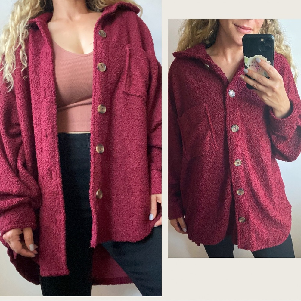 KEATON•BUTTON DOWN SHERPA SHACKET Burgundy